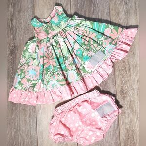 Eleanor Rose baby's pastel floral print gathered, ruffled sundress. 3 months